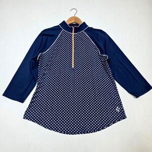 Loft Quarter Zip Pullover Women Large Navy Blue Bow Print Long Sleeve Athletic